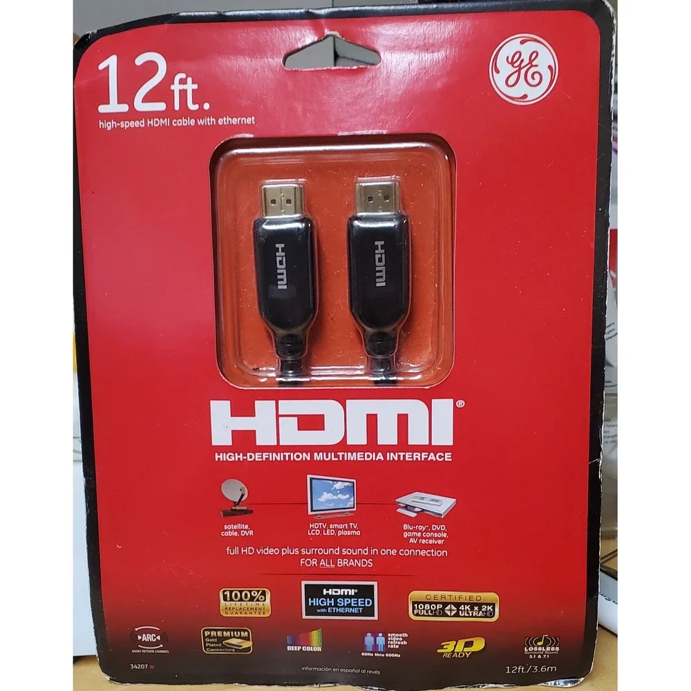 GE 12ft High Speed HDMI Cable with Ethernet 4K 1080p 3D Gold Plated 34207 Black